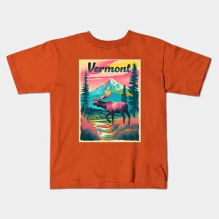 Vermont Moose Mountain Trees Nature Retro Wildlife Souvenir Kids T-Shirt